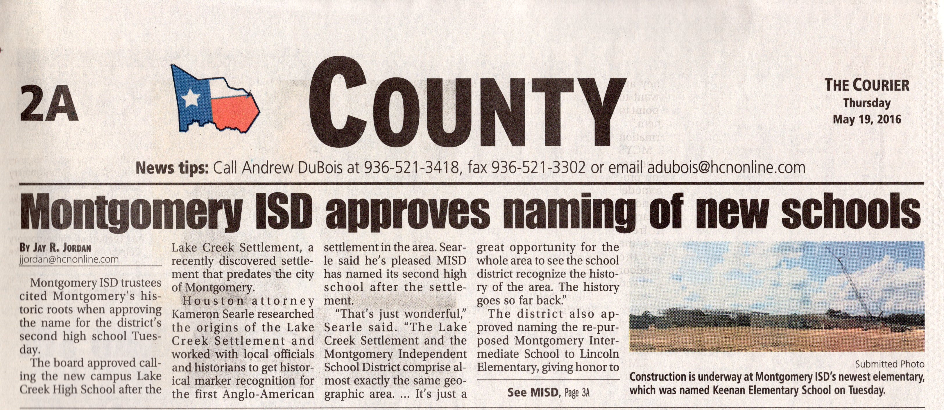 Lake Creek High School Named after Lake Creek Settlement - May 19,2016 Edition of The Courier